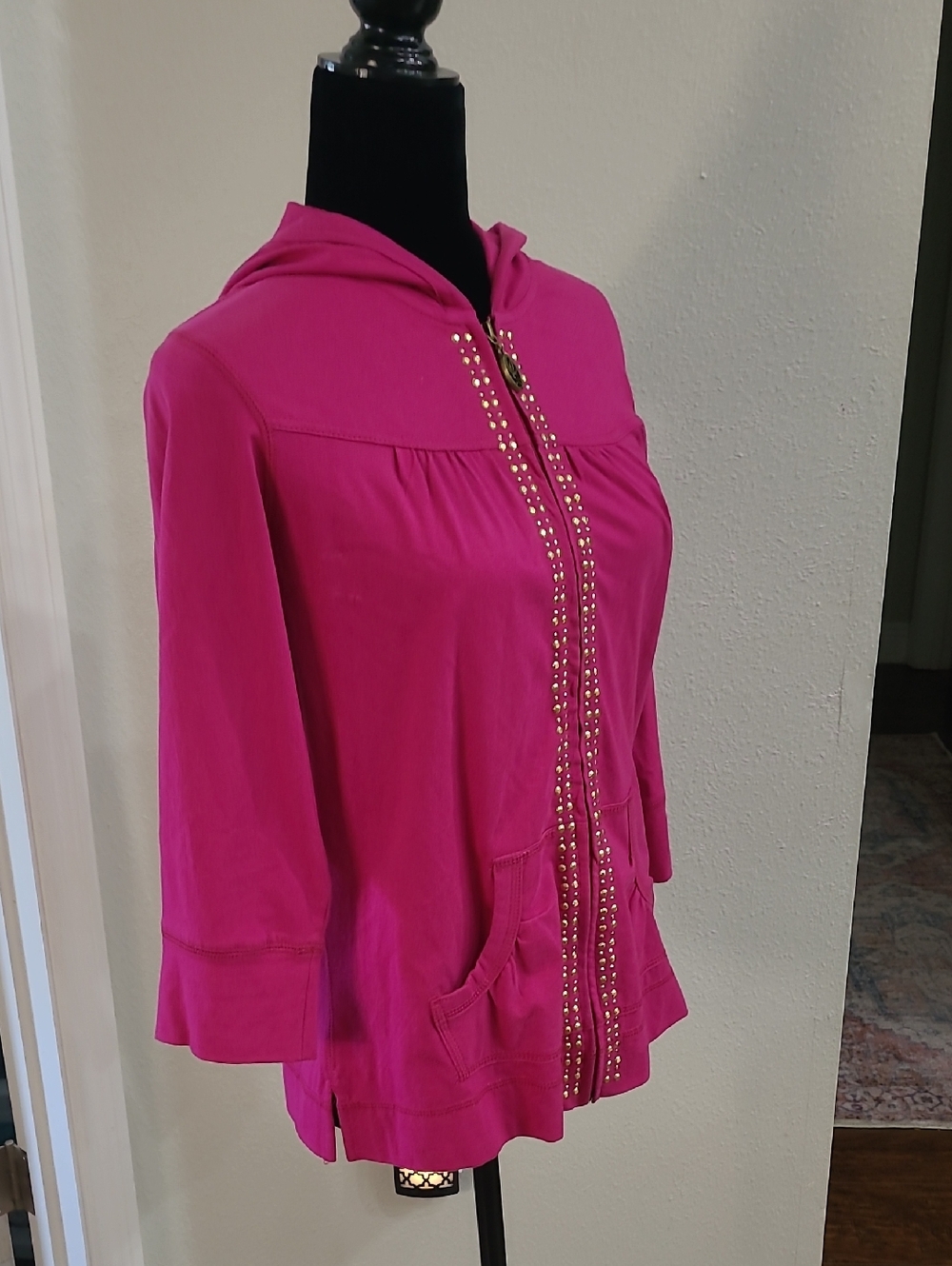 Oleg Cassini Sport Hot Pink Stud-Trim Hoodie Jacket Size Small - Picture 8 of 9